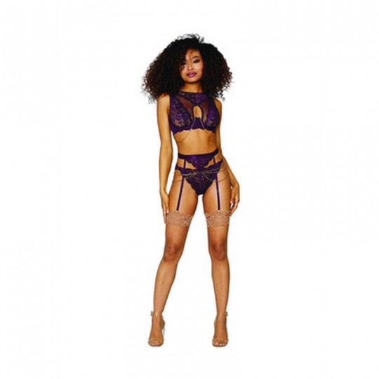 SET DI 3 PEZZI WOMEN'S LACE AND MESH AUBERGINE TAGLIA QUEEN DREAMGIRL  