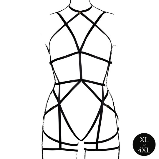 LE DÉSIR STRAPPY OPEN CUP BODY HARNESS WITH GARTERS BLACK QUEEN SIZE