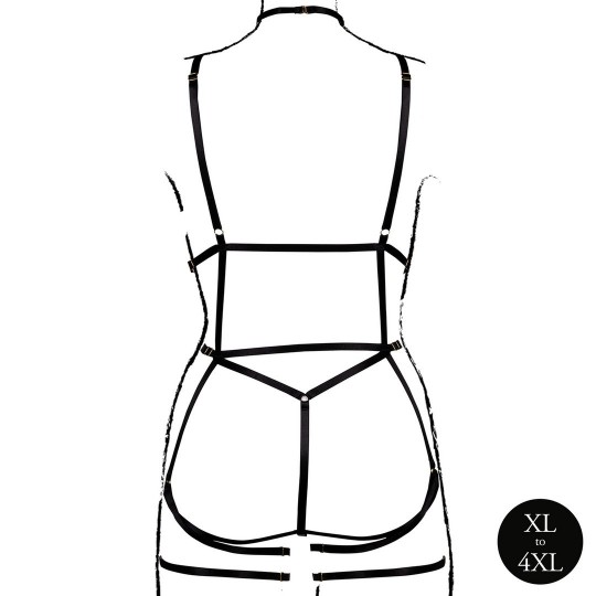 LE DÉSIR STRAPPY OPEN CUP BODY HARNESS WITH GARTERS BLACK QUEEN SIZE