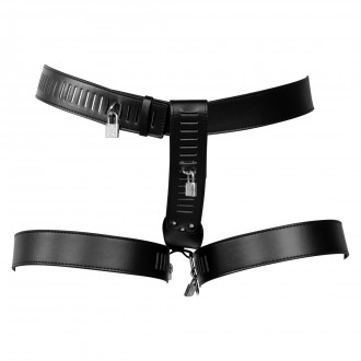 PU LEATHER FEMALE CHASTITY BELT WITH LEG RESTRAINT - BLACK