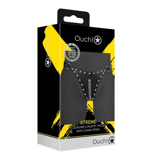 PU LEATHER CHASTITY THONG WITH CHAIN DETAIL - BLACK
