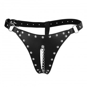PU LEATHER CHASTITY THONG WITH CHAIN DETAIL - BLACK