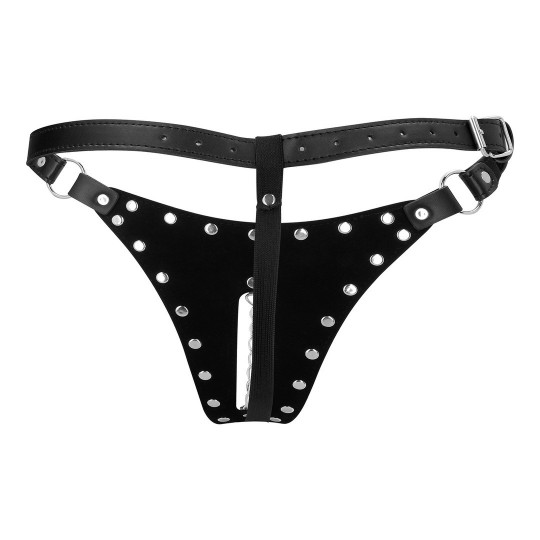 PU LEATHER CHASTITY THONG WITH CHAIN DETAIL - BLACK