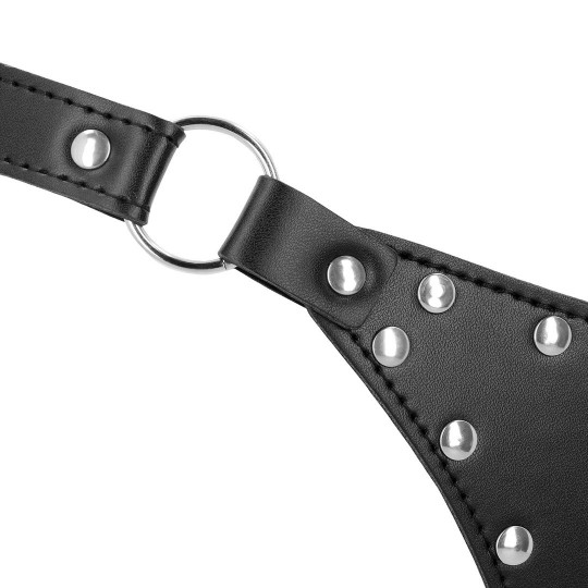 PU LEATHER CHASTITY THONG WITH CHAIN DETAIL - BLACK