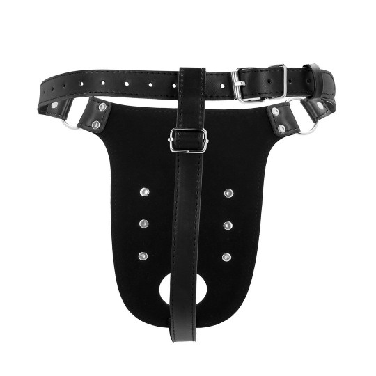 PU LEATHER CHASTITY BELT WITH STRAPS - BLACK