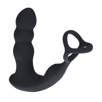 DUAL VIBRATING REMOTE ROTATING HEAD SILICONE PROSTATE STIMULATOR WITH COCK AND BALL RING - BLACK