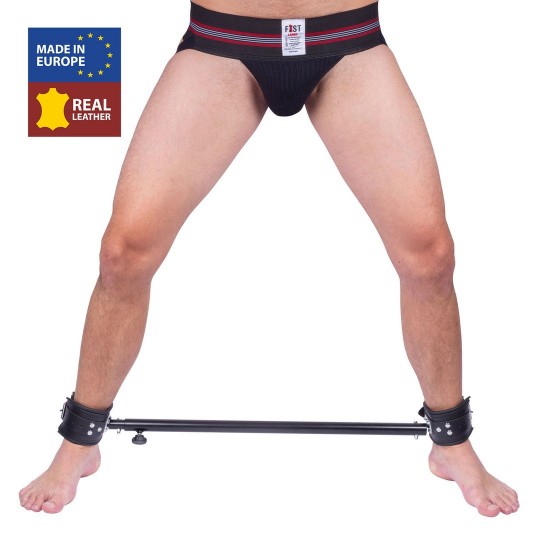 ADJUSTABLE METAL SPREADER BAR WITH LEATHER CUFFS - 65 TO 120 CM - BLACK