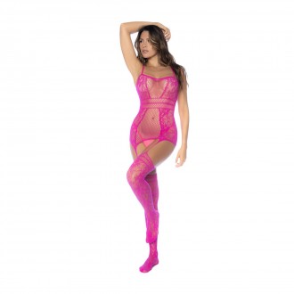 FISHNET BODYSTOCKING WITH NECKLINES AND STRAPS - ONE SIZE - PINK