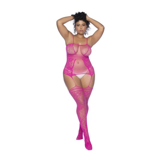 FISHNET BODYSTOCKING WITH NECKLINES AND STRAPS - QUEEN SIZE - PINK
