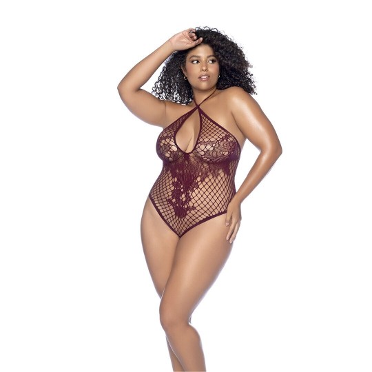 FLORAL FISHNET BODYSUIT - QUEEN SIZE - CHERRY