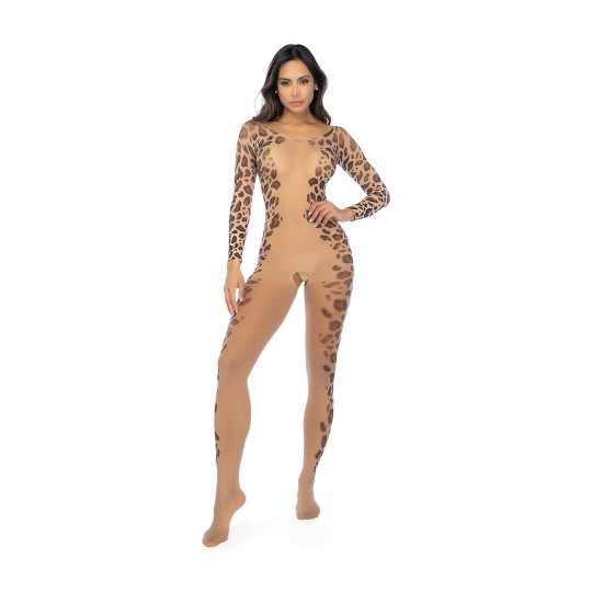 LONG PRINT SLEEVE LEOPARD MESH BODYSTOCKING - ONE SIZE - LEOPARD