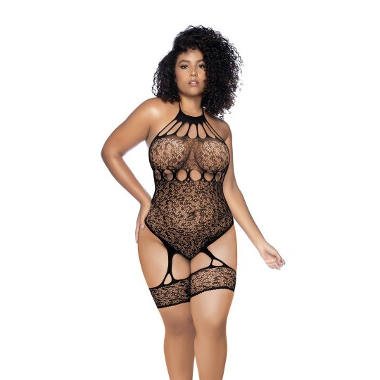 LEOPARD HALTER FISHNET BODYSUIT - QUEEN SIZE - BLACK