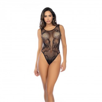 SNAKE FISHNET RHINESTONE BODYSUIT - ONE SIZE - BLACK/RHINESTONE