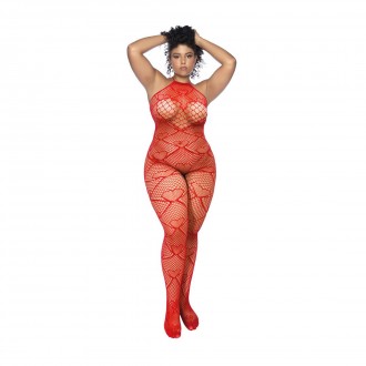 HEART FISHNET BODYSTOCKING WITH RHINESTONE DETAIL - QUEEN SIZE - RED