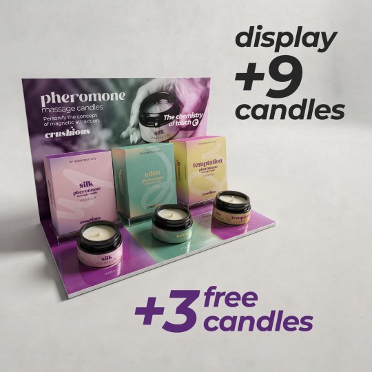 PACK DE EXPOSITOR PARA SILK, EDEN Y TEMPTATION CON 9 VELAS DE MASAJE CON FEROMONAS + 3 VELAS CRUSHIOUS GRATIS