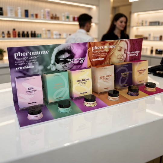 PACK DE EXPOSITOR PARA SILK, EDEN E TEMPTATION COM 9 VELAS DE MASSAGEM COM FEROMONAS + 3 VELAS GRÁTIS CRUSHIOUS