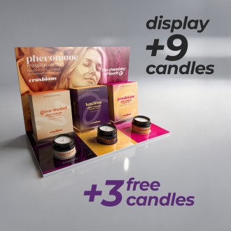 PACK DE EXPOSITOR PARA GOURMAND, LUSCIOUS E PASSIONATE COM 9 VELAS DE MASSAGEM COM FEROMONAS + 3 VELAS GRÁTIS CRUSHIOUS