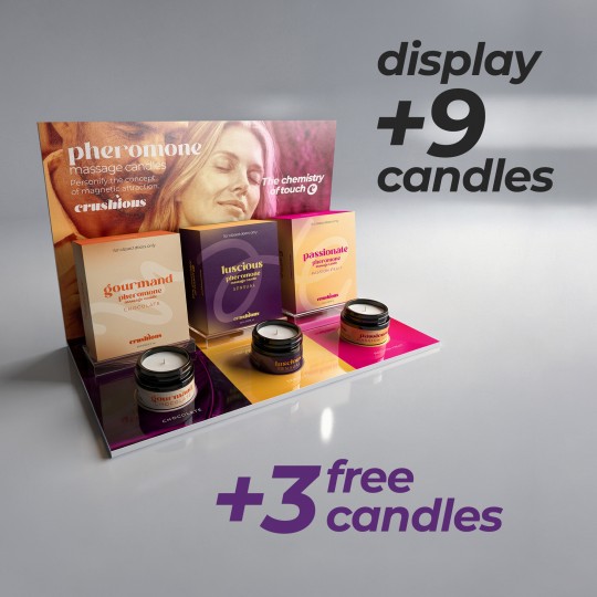 PACK ESPOSITORE PER GOURMAND, LUSCIOUS E PASSIONATE CON 9 CANDELE DA MASSAGGIO AI FEROMONI + 3 CANDELE CRUSHIOUS IN OMAGGIO