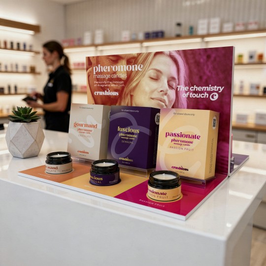 PACK DE EXPOSITOR PARA GOURMAND, LUSCIOUS E PASSIONATE COM 9 VELAS DE MASSAGEM COM FEROMONAS + 3 VELAS GRÁTIS CRUSHIOUS