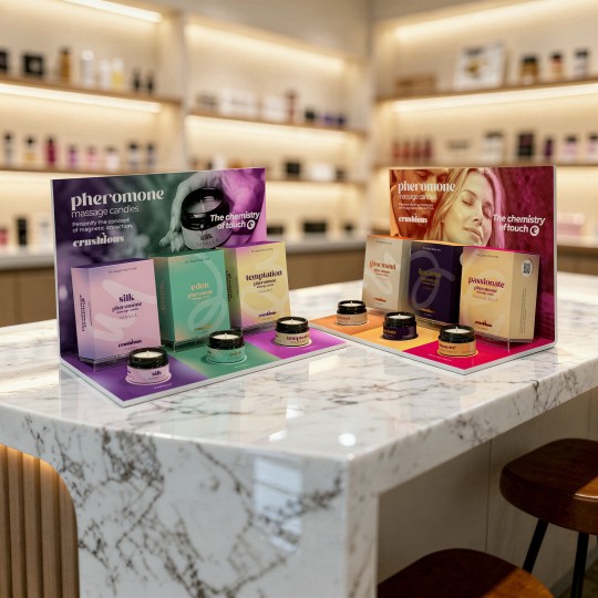 PACK DE EXPOSITOR PARA GOURMAND, LUSCIOUS E PASSIONATE COM 9 VELAS DE MASSAGEM COM FEROMONAS + 3 VELAS GRÁTIS CRUSHIOUS