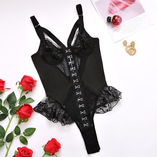 RUFFLED ‌LACE MESH BODYSUIT WITH HOOK FRONT - BLACK