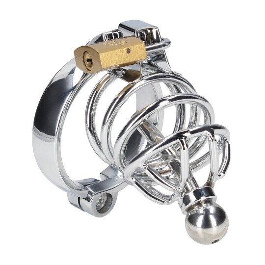 CHASTITY CAGE WITH URETHRAL INSERT - S/M - SILVER