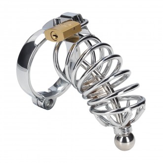 CHASTITY CAGE WITH URETHRAL INSERT - M/L - SILVER