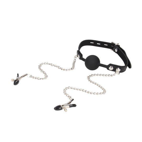SILICONE BALL GAG WITH NIPPLE CLAMPS - BLACK/SILVER
