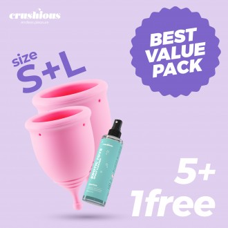 5 + 1 FREE CRUSHIOUS MINERVA S + L MENSTRUAL CUPS WITH POUCH AND TOY CLEANER 150 ML