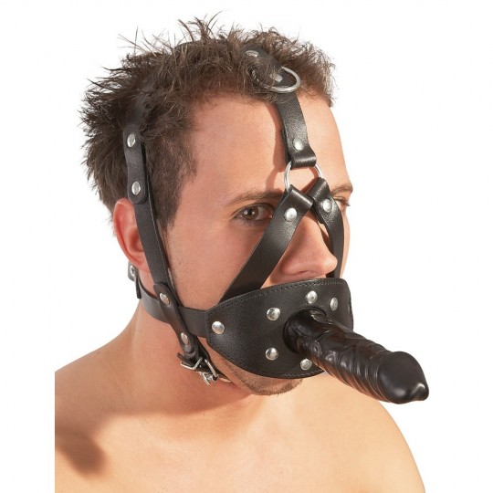 LEATHER HEAD HARNESS WITH DILDO