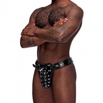 МУЖСКАЯ СИЛА ТЕЛЕЦ - СТРИНГИ ИЗ ИСКУССТВЕННОЙ КОЖИ ДЛЯ ЦЕЛОМУДРИЯ ЧЕРНЫЙ