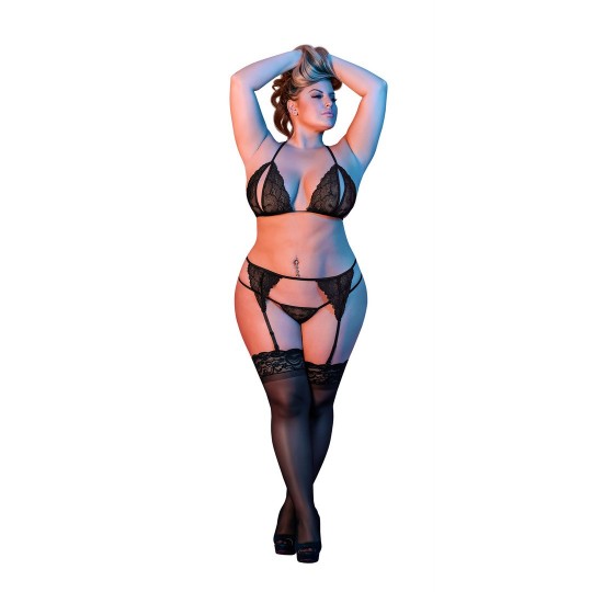 КОМПЛЕКТ ИЗ БЮСТГАЛЬТЕРА, ПОДВЯЗКИ И ТРУСИКОВ-СТРИНГ ЧЕРНОГО ЦВЕТА